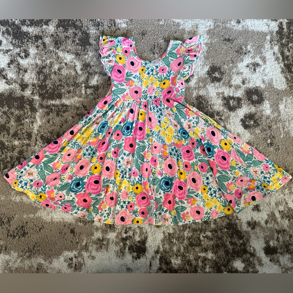 Little Sleepies Pink Teal Floral Flutter-Sleeve Swing Dress - Picture 2 of 3